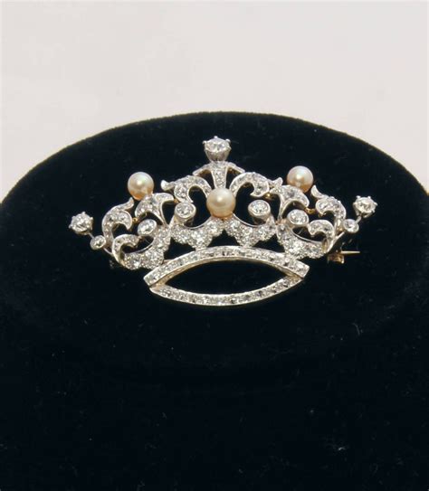 Antique Platinum Diamond And Pearl Crown Pin Moss Antiques