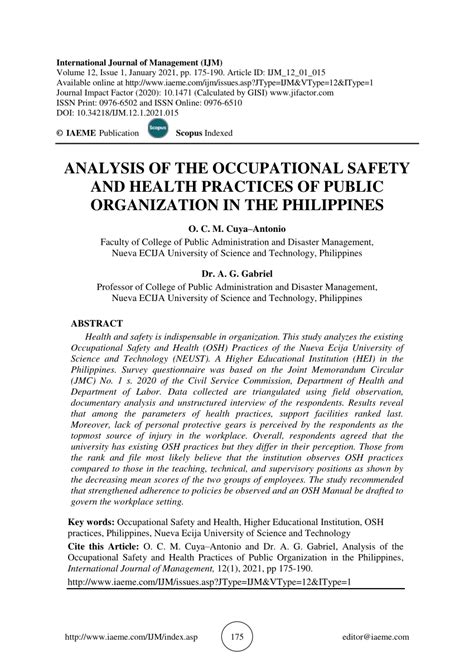 PDF Analysis Of The Occupational Safety And Health Practices Of