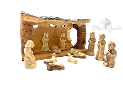 Hand Carved Olive Wood Nativity Set With Natural Branch Manger Etsy