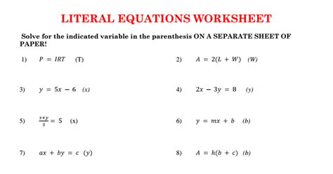 Literal Equations Practice Worksheets Answers