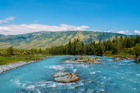 The Altai Landscape With Mountain River And Green Rocks Siberia Altai