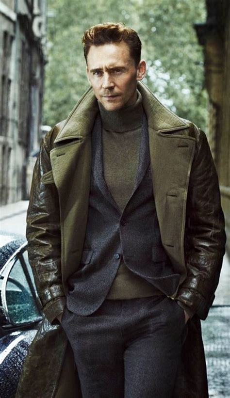 It's time we taught you the turtleneck with suit look. Tom Hiddleston wearing Olive Leather Trenchcoat, Charcoal ...