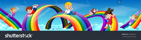 Vector Illustration Kids Sliding On Rainbow Stock Vector Royalty Free