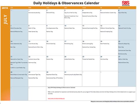 July 2019 Printable Daily Holidays Calendar Sands Blog