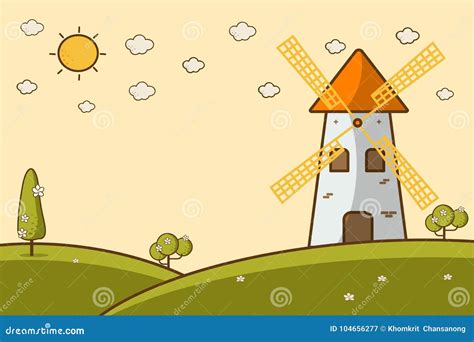 Illustration Of A Landscape With A Windmill Stock Vector Illustration