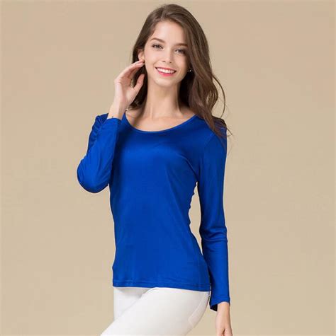 women s 50 silk 50 viscose stretchy round neck base layer t shirts long sleeve hy111 in t
