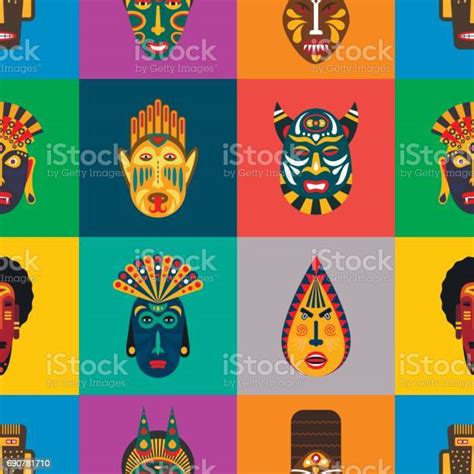 Ritual Ethnic Masks Seamless Pattern In Flat Style Vector Background Of