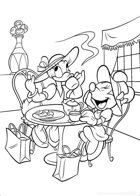 Minnie Mouse And Daisy Duck Drink Tea Coloring Page Free Printable