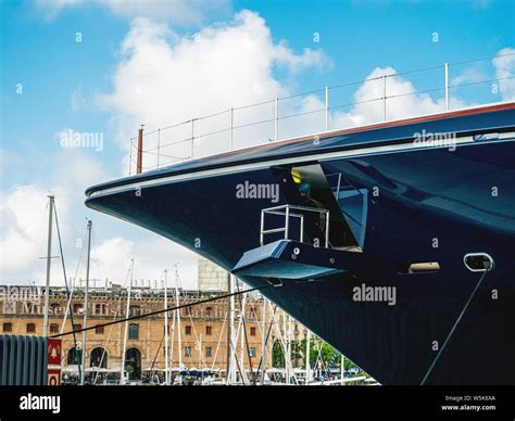 Front Bow Part Of Luxury Yacht In Barcelona Yacht Port With Museu D