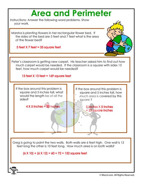 Esl kids worksheets, esl teaching materials, resources for children, materials for kids, parents and teacher of english,games and activities for esl kids, resources for printable efl/esl kids worksheets: Calculate Area and Perimeter Worksheet Answer Key | Woo! Jr. Kids Activities