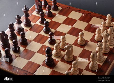 Classic Wooden Tournament Chess Set On Black Background Chessboard