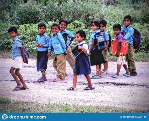Indian Village School Children Smiling And Laughing Going School Poor