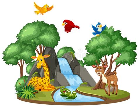 Background Scene Of Many Animals At The Waterfall Stock Vector