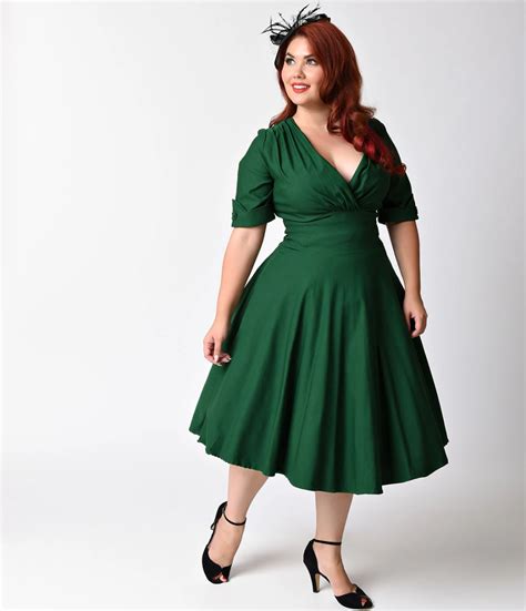 Unique Vintage Plus Size Emerald Green Delores Swing Dress With Sleeves