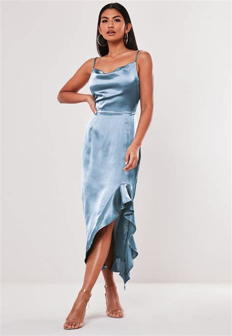 Blue Satin Ruffle Side Cami Midi Dress Missguided