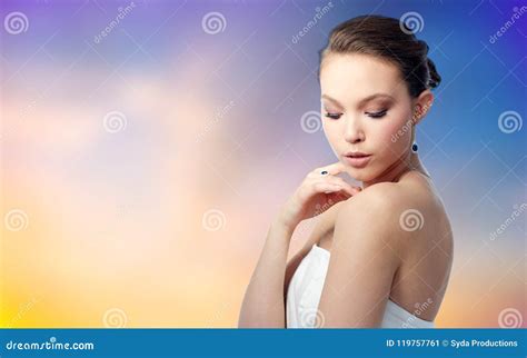 Beautiful Woman With Earring And Finger Ring Stock Image Image Of