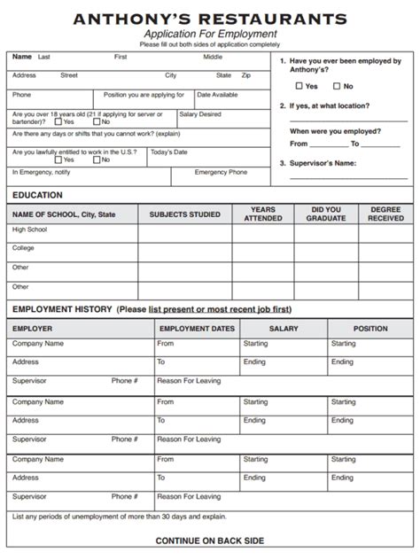 Free Jobs Application To Print Out Restaurant Anthonys Restaurant