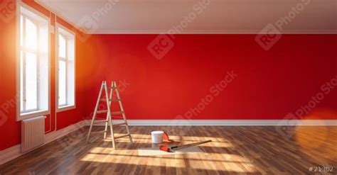 Room After Renovation With Ladder And Paint Bucket Empty Red Wall Banner Size With Copyspace