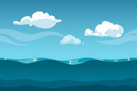 Paisaje De Dibujos Animados De Mar U Oc Ano Con Cielo Y Nubes Vector
