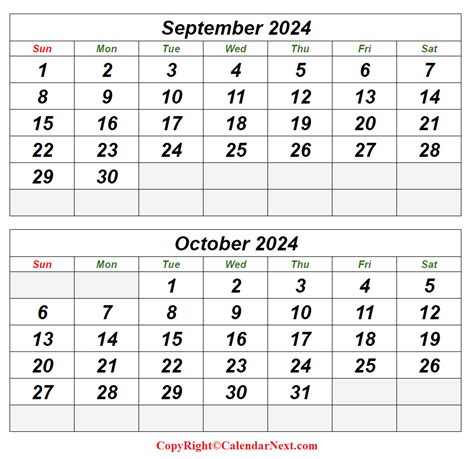 September And October 2024 Printable Calendar Calendar Next