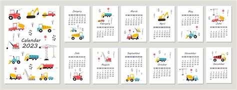 Calendario 2023 Con Camiones Y Tractores Dibujados A Mano