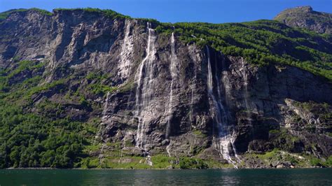 Geiranger Fjord Waterfall Seven Sisters Beautiful Nature Norway Natural Landscape Stock Video