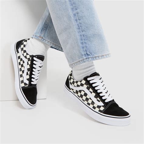 Womens Black And White Vans Old Skool Primary Check Trainers Schuh