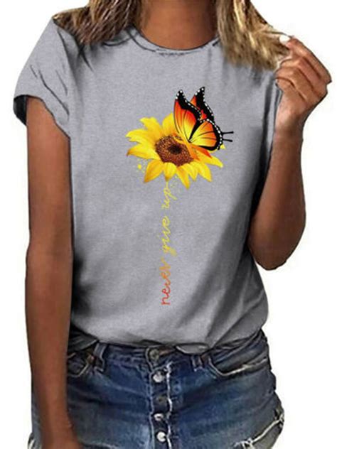 Summer Short Sleeve T Shirt For Women Casual Sunflower Print Top Ladies
