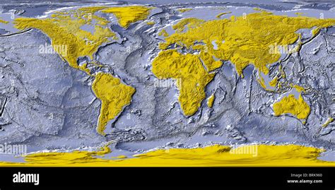 World Map Shaded Relief With Shaded Ocean Floor Land Areas Colored