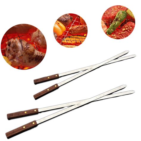 60cm Barbecue Stainless Steel Flat Meat Skewers With Wooden Handles