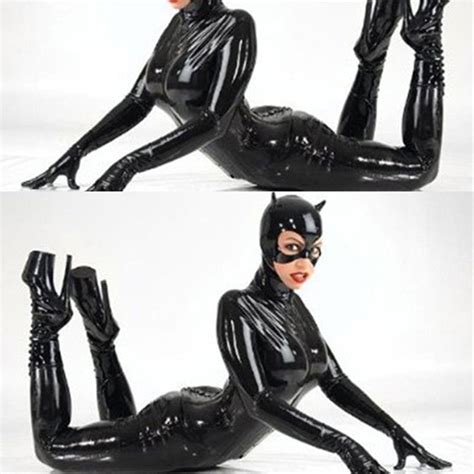 Free Shipping Women Black Faux Leather Catsuit Sexy Catwoman Costume Cat Cosplay Footed Jumpsuit