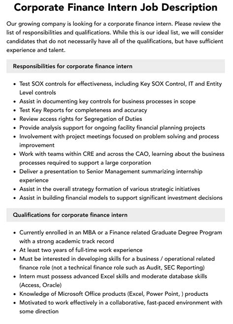 Corporate Finance Intern Job Description Velvet Jobs