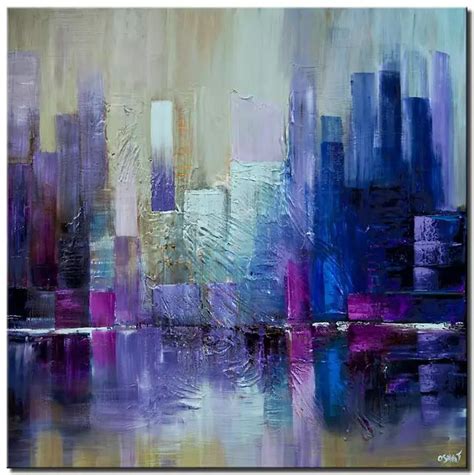 Blue Purple Original Abstract City Painting On Canvas Textured