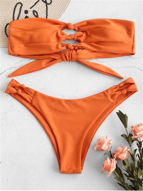 13 Off 2021 Zaful Knots Cut Out Bikini Set In Mango Orange Zaful