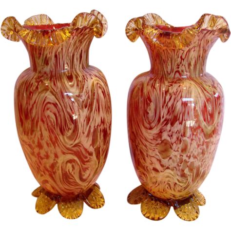 English Pair 10” Art Glass Mantel Vases Cranberry Or Pale Ruby W Streaks Of Mica Amber And Yellow