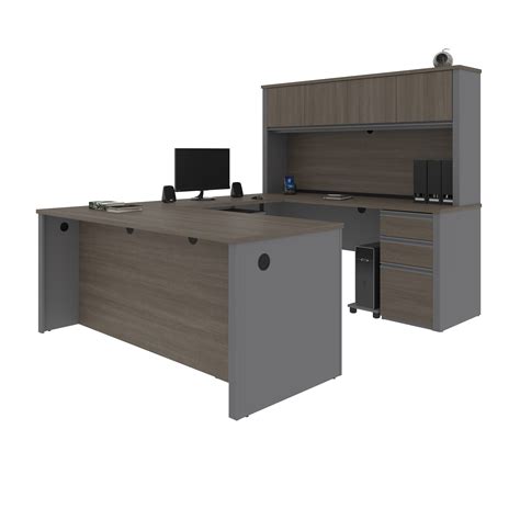 U Shaped Desk And Hutch In Bark Gray And Slate By Bestar