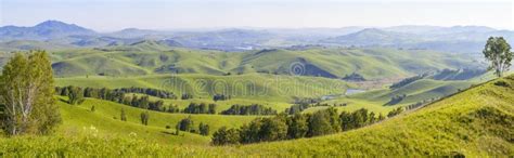 Green Hills Meadows And Trees Sunny Summer Day Countryside Stock