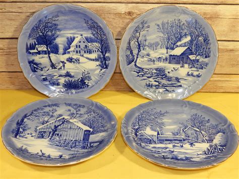 Vintage Currier And Ives Blue White Collectors Plates 4 Homestead In