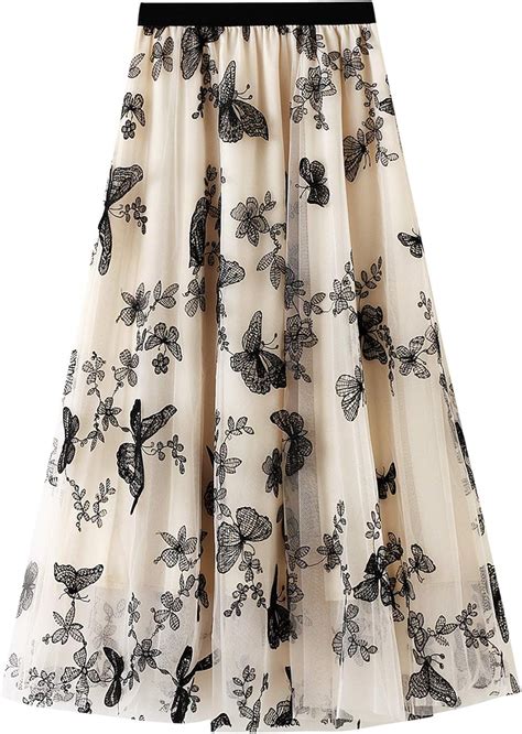 Women Floral Tutu Tulle Mesh Skirts Elastic High Waist Flower Print Overlay Layered A Line Midi