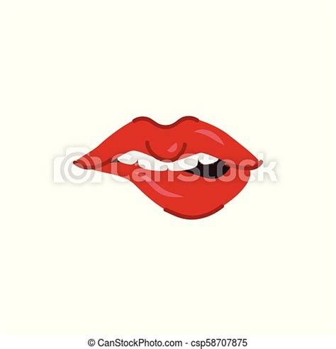 Vector Cartoon Woman Sexy Red Lips Biting Woman Sexy Mouth With White Teeth Biting Lips Red