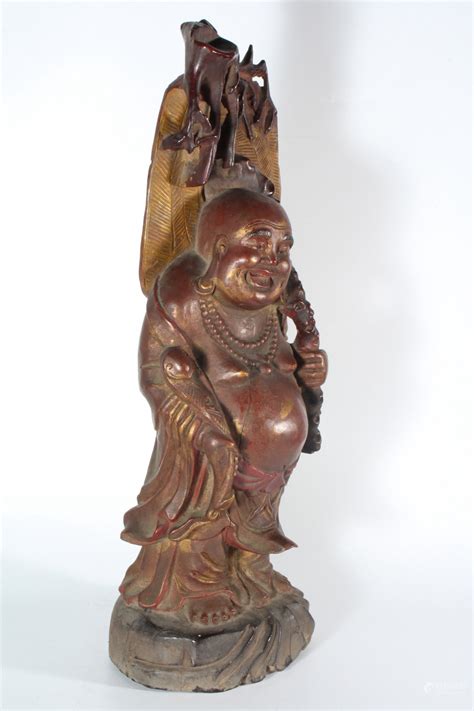 51bidlive Lacquer And Gilt Wood Carved Maitreya Buddha Standing Figure