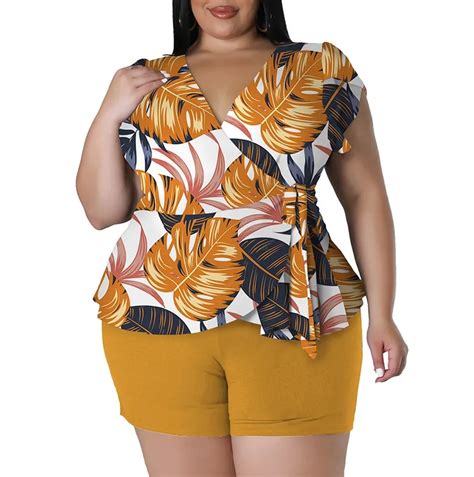 Plus Size Women Clothing 2023 Womens Set Printed V Neck Top And Shorts Women Two Piece Set