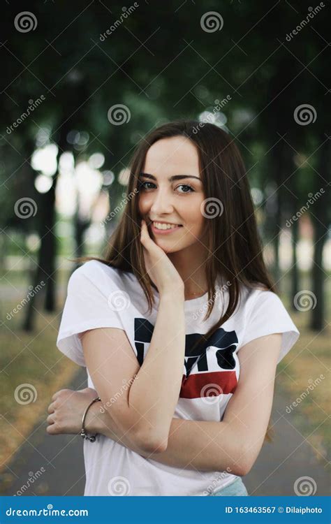 Young Pretty Girl Walking Down The Street Stock Image Image Of