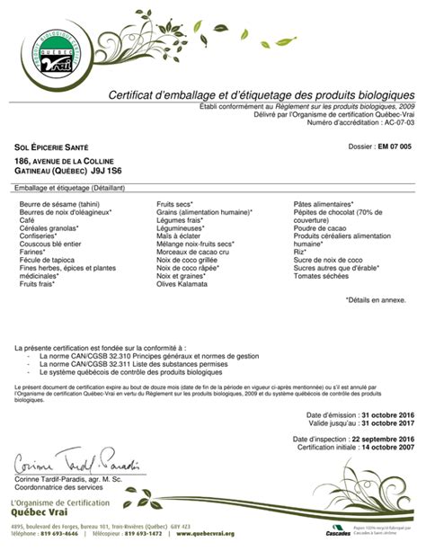 Certificat D`emballage Et D`étiquetage Des Produits