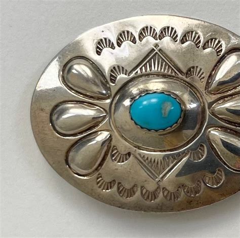 Navajo Turquoise Brooch Pin Artist Stamped Repousse Oval Sterling