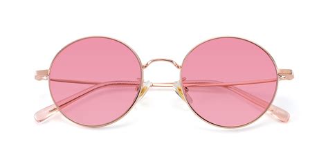 Rose Gold Thin Metal Round Tinted Sunglasses With Medium Pink Sunwear