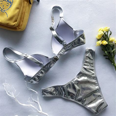 sexy reflective shiny gold metallic brazilian push up bikini set 2020 lady high cut swimwear