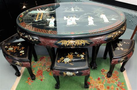 Chinese Coffee Table With 6 Stools Vintage Circular Hand Carved