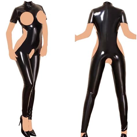 womens wet look jumpsuit bodysuit crotchless patent leather catsuit club wear find new online