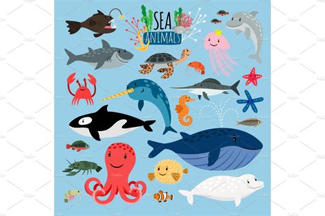 Sea Animals Vector Underwater Animal Creatures And Fish In Sea